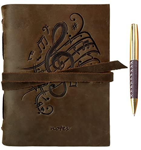 Leder Notizbuch A5 Tagebuch Journal Geprägt Musik Handgefertigte Reisetagebuch, Vintage Notebook Für Männer Frauen Antik Rustikal Echtes Leder 21X15Cm Geschenk Sketchbook Reisende Notebook