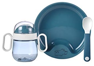 Mepal Mio – set vajilla para bebé 3 piezas – Deep blue – con taza anti-derrames – plato de bebé y cucharas de bebé – regalo de nacimiento ideal – apto para el lavavajillas