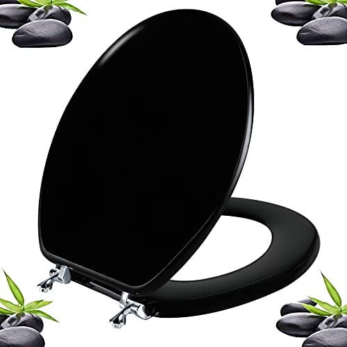 Angol Shiold Black Round Toilet Seat - Natural Wood with Zinc Alloy Hinges, Easy to Install and Clean, Scratch Resistant