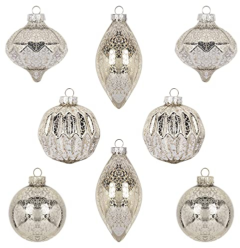 KI Store Mercury Glass Christmas Tree Decorations Champagne Silver Set of 8 80mm 120mm Hanging Christmas Baubles Finials for Tree Decoration Holiday Décor