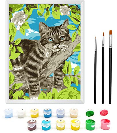 Zimrobin Peinture Numero Enfant 9 10 11 ans, au Numero d’art Peinture Enfant-Kit Peinture Enfant Comprend des Peintures Acryliques Cadre Photo et des 3 Pinceaux(Chat paresseux)
