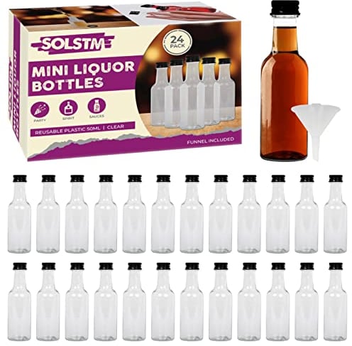 SOLSTM Mini Alcohol Bottles - 24pcs, 50ml Plastic Bottles with Leak Proof Black Screw Caps, Reusable, Parties & Wedding Favours