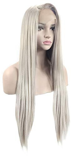 Pelucas de 24 Pulgadas Wig Europea y Damas de Encaje Frontal de Fibra química de Plata Gris Peluca Larga de Pelo Largo
