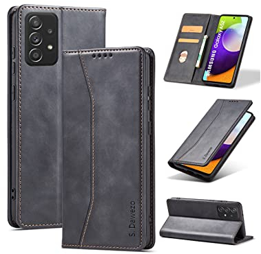 S. Dawezo Hülle für Samsung Galaxy A52, Premium Leder magnetische Handyhülle mit Ständer, Kartenfach und Brieftasche, Shock Absorbing, kompatibel mit Samsung A52/A52s 5G-Schwarz
