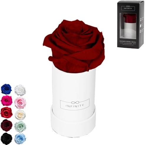 Infinity Flowerbox - 1 echte Infinity Rosen (3 Jahre haltbar ohne Wasser) - Mit Geschenkverpackung geliefert I Handgefertigt in Berlin I Geschenk für Frauen (Dunkelrote Rose in weißer Box)