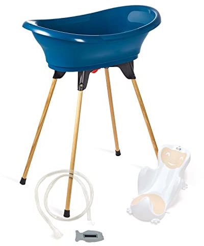 THERMOBABY – Pack de bañera para bebé VASCO 5 en 1 – Bañera, pie de madera, manguera de drenaje, tumbona de baño, termómetro – azul océano – plegable y estable – Fabricado en Francia