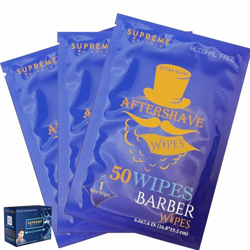 Aftershave Wipes by Supreme Trimmer | 3-in-1 Face & Body Wipes + After Shave | No Burning or Irritation (50 Individually Wrapped Wipes) Alcohol-Free & Travel-friendly | Ocean Fragrance