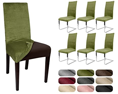 BEAUTEX 6er Set LEA Stuhlhusse, elastische Uni Stretch-Husse aus Samt Mikrofaser Farbe wählbar (Olivgrün)