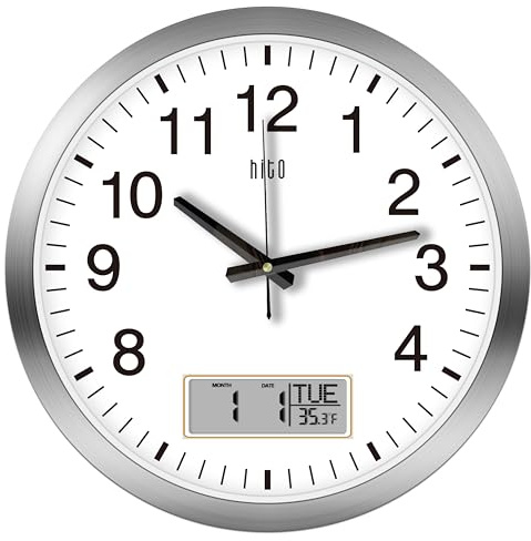 HITO 40.6 cm Silent Wall Clock Battery Operated with Temperature and Date, Large Wall Clock for Living Room Decoration, Office, Classroom, Bedroom