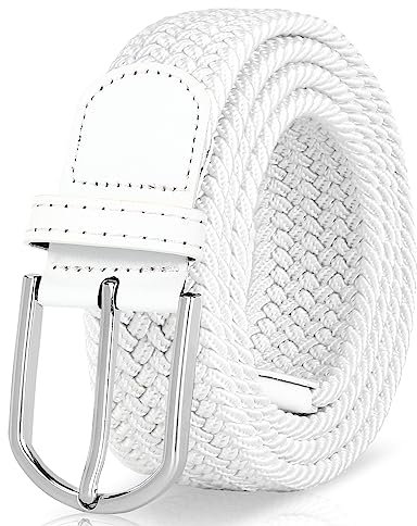 JASGOOD Mens Belt-Elastic Braided Stretch Belt with Covered Leather Buckle for Jeans Woven Trouser Belts for Men and Women,White,Fit Waist Size 33-37
