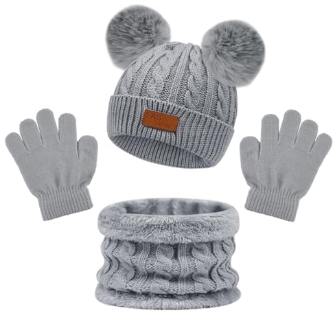 Veiteibe 3 Stück Kinder Winter Warm Beanie Mütze Schal Handschuhe Set, Gestrickt Verdickt für 1-5 Jahre Alt Jungen und Mädchen Outdoor-Sport-Zubehör
