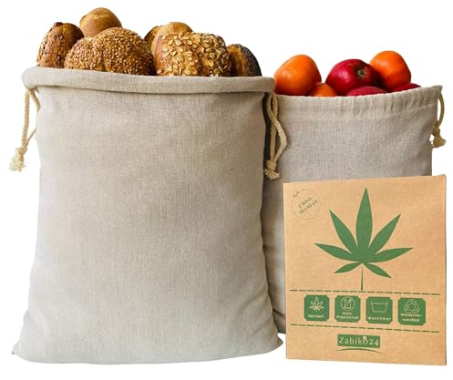 Zabiko24 - Brotbeutel 2er Set - aus 100% Natur Hanf - Zur Aufbewahrung von Brot, Obst und vielen weiteren Lebensmitteln (35 x 40 cm) - Brotsack Schutz gegen Schimmel und Bakterien - Gratis-Brotrezept