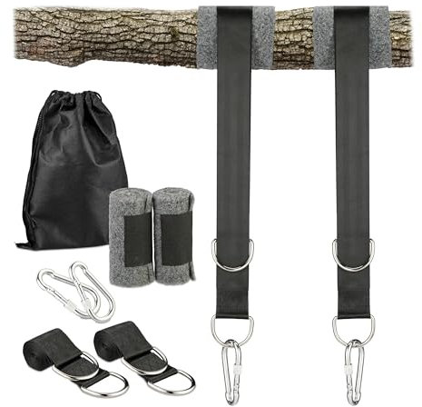Relaxdays Hängemattenaufhängung, 7-TLG. Set, 2 Gurte, 2X Baumschutz, 2 Schwerlastkarabiner, bis 900 kg, schwarz/grau