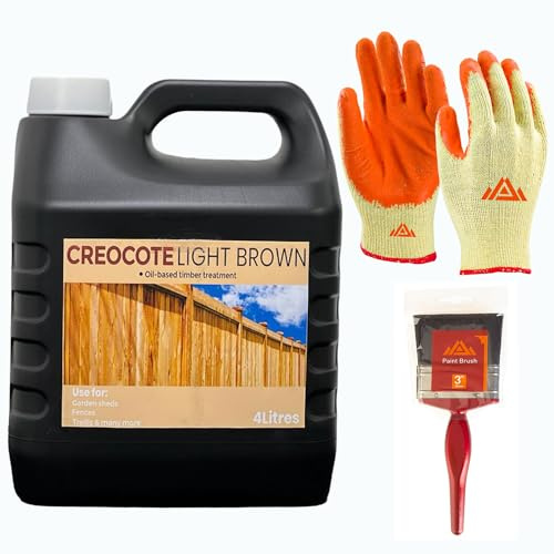Creocote Light Brown Wood Preserver 4L - Premium Oil-Based Wood Preserver for Outdoor Use Dry Rot Woodworm Treatment with Perfectonish Gloves and Brush (1)