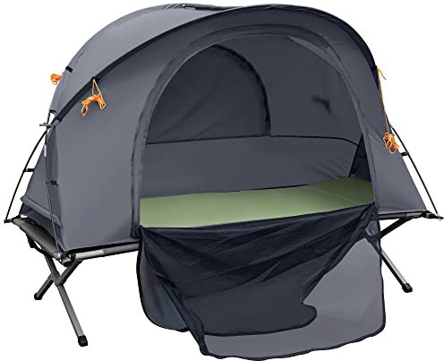 Outsunny Ensemble Tente de Camping 3 en 1 avec lit de Camp 1 Personne, Tente et 1 Matelas Gonflable - Sac de Transport Inclus - dim. 200L x 86l x 147H cm