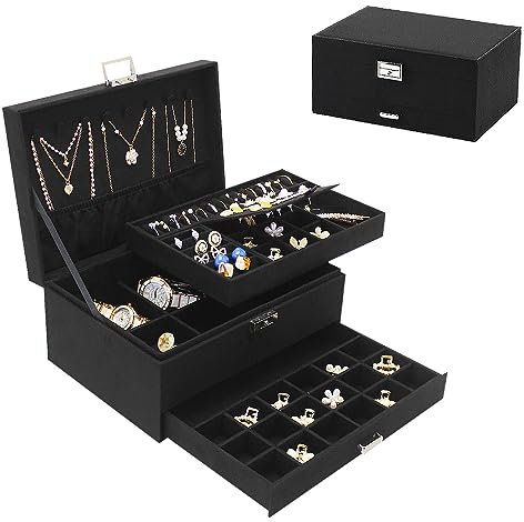 PACOLO Large Jewelry Organizer Box for Women and Men, Velvet Jewelry Box with Lock and Drawers, 3-Tier Display Case, Varying Compartments for Necklace, Bracelets, Earrings, Rings and Watch (Black)