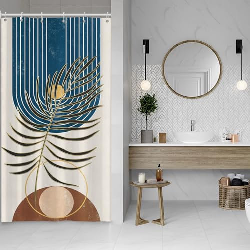 ASDCXZ Rideau de douche, style bohème, 120 x 200 cm, moderne, art abstrait, noir, doré, feuilles, soleil, beige, lavable, étroit, en polyester, imperméable, pour baignoire, avec 8 crochets, pour