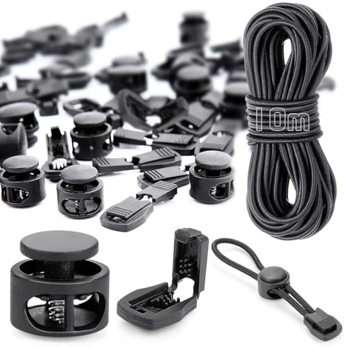 Cordón de goma elástico de 10 m de 3 mm, cuerda de goma redonda con 40 topes de cordón, 20 topes de cordón, 2 agujeros, color negro, cordón de goma para cordón, mochila, ropa