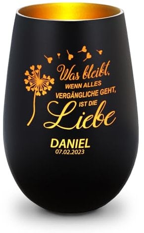 GRAVURZEILE Deko Windlicht aus Glas mit Gravur - was bleibt, wenn Alles Vergängliche geht - Personalisiert - Trauerlicht für Teelichter und Kerzen - Grabschmuck zur Beerdigung - Schwarz/Gold