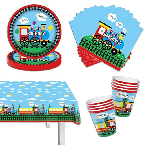 Zug Geburtstag Party Geschirr, 49Pcs Partygeschirr KinderGeburtstag, Zug Party Geschirr, Pappbecher Teller Servietten Tischdecken Tischdeko für 16 Gäste, Geburtstag Deko Partygeschirr Set