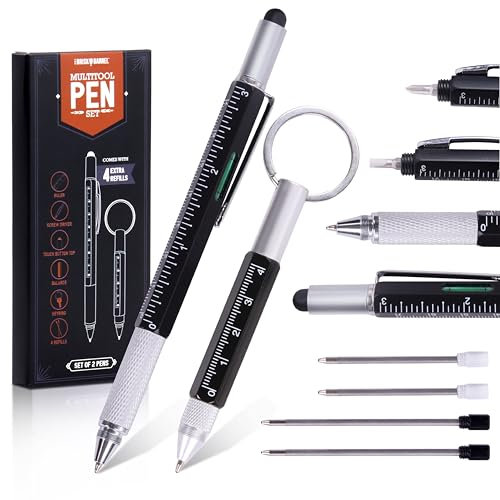 2 Stück 6 in 1 Multitool Stift Touch Button Pen Schlüsselanhänger Stift Schwergewicht Cool Stifte Messen und Kritzeln mit Stil Inklusive 4 Tintenminen Vatertagsgeschenk