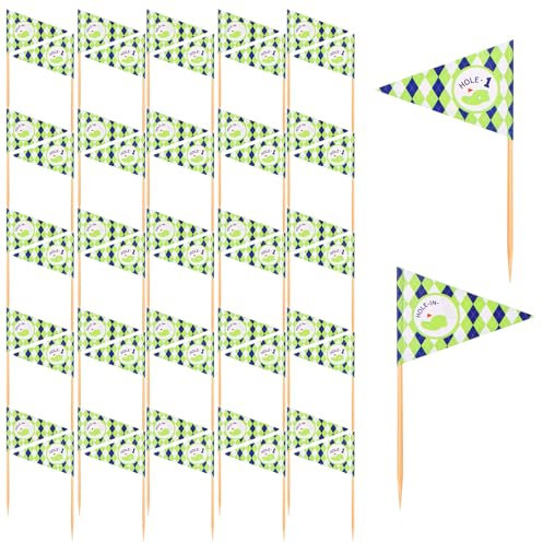 50pcs Golf Themed Toothpick Flags, Hole ONE Golf Cocktail Picks Double Printed Toothpick Flags for Food Mini Cupcake Toppers Flags for Birthdays Family Gatherings (Plaid Background)