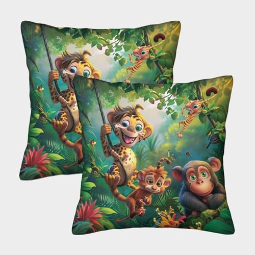 ELBDUTEVU Jungle Animals Kissenbezug 2er Set Kissenbezüge Wohnzimmer Kissenhülle Couchkissen Polyester Polster Textil Für Sofa Bett Garten Balkon Kinderzimmer Zierkissen 40x40cm