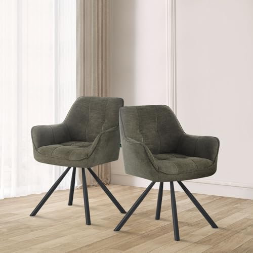 DUBI Möbel® Esszimmerstuhl Thomas-Leni 2er Set – drehbarer Polsterstuhl mit Federkern & Auto-Rückstellfunktion, Armlehnen, Metallbeine Schwarz, Webstoff Grün, Premium Komfort für Esszimmer & Küche
