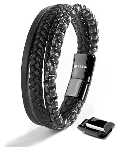 SERASAR Herrenarmband Leder 23cm Schwarz Männer Armband Armreif Herren Lederband Herrenarmreif Armschmuck Schmuck Armkette Flecht Wickelarmband Kette