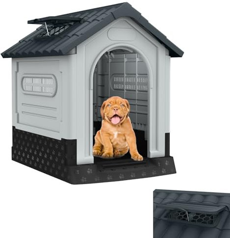 XINZI Hundehütte aus Kunststoff, wasserdichte & UV-beständige Hundehöhle mit Tür und Oberlicht, Hundehaus mit erhöhtem Boden, Isoliertes Haustierhaus für Drinnen und Draußen, 65 x 56,5 x 67 cm