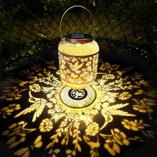 VEEKAY Solarlaterne für Außen,IP65 Wasserdicht Metall Solarlampen,Hängend Solar Gartenleuchten,LED Warmweiß Solar Laterne,Vintage Metall LED Kolibri Gartenleuchte für Garten,Balkon (Blumenkolibri)