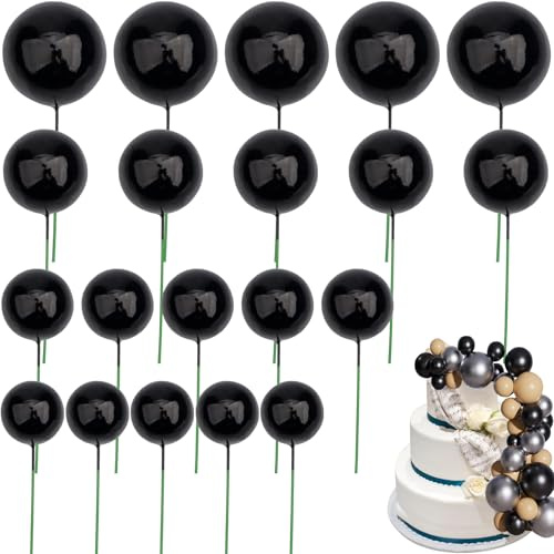 Roellgs 20 Pcs Gold Ball Cake Topper, Round Ball Cake Toppers, Craft DIY Bakeware Decorating Tools for Wedding Graduation Birthday Party (black)