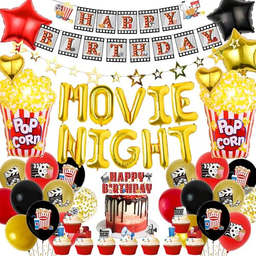 Filmnacht Zubehör Party Dekorationen - Kino Party Supplies Cupcake Toppers Popcorn Folie Stern Gold Buchstaben Luftballons, Happy Birthday Banner Girlande für Geburtstag Film Thema Party Dekoration