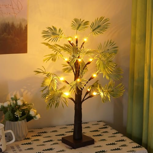 Arbre lumineux à 16 LED blanc chaud avec feuilles - Décoration de printemps - Palmier artificiel - Éclairage indirect - Alimentation par USB / piles - Guirlande lumineuse d'intérieur pour décoration