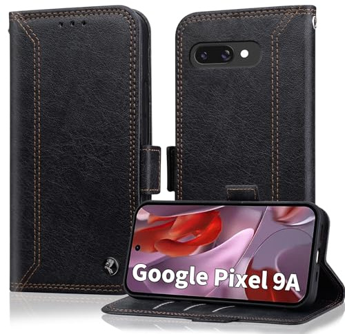 Handyhülle für Google Pixel 9a Hülle [RFID Schutz] Premium PU Leder Vintage Schutzhülle Double Stitch Business klapphülle Case Wallet Cover [Kartenfach] [Standfunktion] [Magnetverschluss] -Schwarz