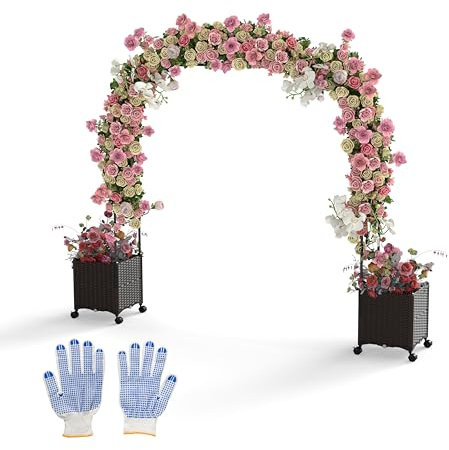 COSTWAY 2 in 1 Rosenbogen mit Blumenkasten, 202 cm, Gartenbogen aus Metall und PP, Spalier mit 2 Pflanzkästen auf Rollen & Drainagelöchern, Rankbogen Torbogen für Kletterpflanzen, Outdoor, Schwarz