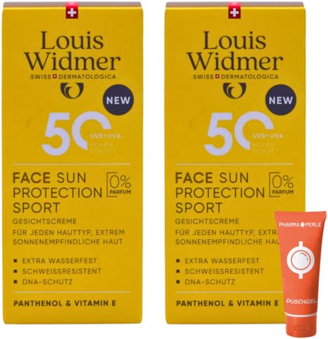 Louis Widmer Face Sun Protection Sport 50, 2x 50 ml I leichte, feuchtigkeitsspendende Gesichtsemulsion I extra wasserfest I schweissresistent I hoher UV-Schutz I Spar-Set plus Pharma-Perle give-away