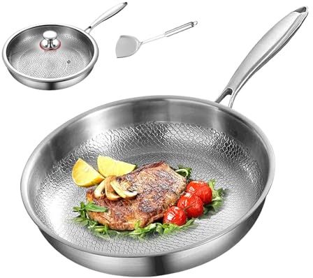 YCYATS Poêle en titane martelée Pro avec couvercle, ensemble de casseroles et poêles multifonctionnelles, poêles à frire en titane antiadhésives pour la cuisson (30 cm)