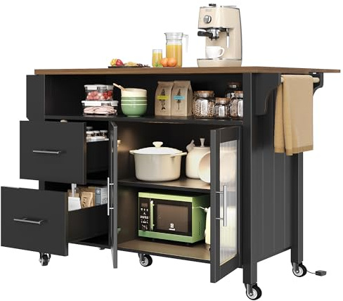 KecDuey Kücheninsel mit herausnehmbaren Trennwänden, Speisewagen mit Arbeitsplatte, Buffetschrank,Küchenschrank mit Glasvitrine, LED, seitlicher Handtuchhalter mit Rollen