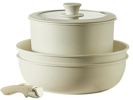 Set di pentole e padelle da 5 pezzi, crema antiaderente per pentole staccabili bianche, set di pentole da cottura non tossico naturale | Set di pentole da cucina a induzione con manico rimovibile, cas