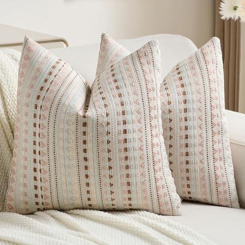 Ystyle Federe Cuscini Divano 60 x 60 Confezione da 2, Copricuscini Divano in Chenille Morbida, Strisce Decorative in Stile Rustico, Adatto per Soggiorni e Camere Da Letto, Rosa Blu