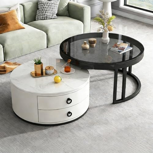 Couchtisch 2er Set, Marmor Wohnzimmertisch mit Schubladen, Moderne Glas-Beistelltisch mit Schwarz Metallrahme, Platzsparender Sofatisch fürs Wohnzimmer Büro Balkon,Weiß rund