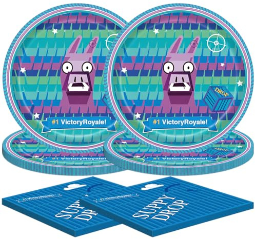 Videospiel Partygeschirr Set, Alpaka Musterdesign Bestehend aus 20 Tellern, 20 Servietten, Wiederverwendbar Videospiel Mottoparty, Geburtstagsdekoration
