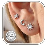 HEEYA 3 Paare Ohrstecker Set Ohrringe Silber 925 Post Ohrringe Set Damen Stern Mond Sonnen Hypoallergen Ohr stecker mit 5A Zirkonia Ohrschmuck mit Geschenkbox Gold/Silber
