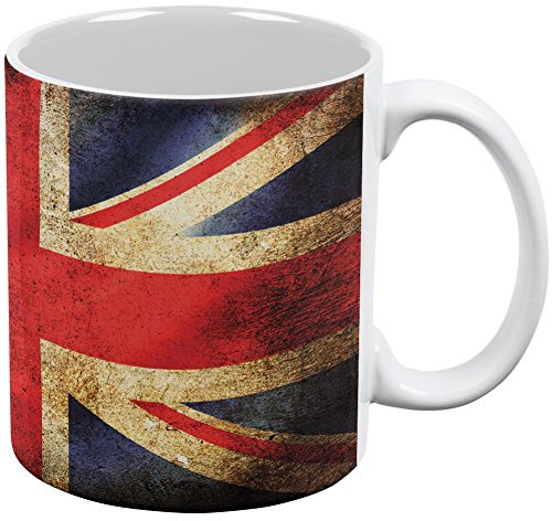 Old Glory Drapeau Anglais Union Jack Grunge Vieilli All Over Mug à café, Céramique, Blanc, Taille Unique