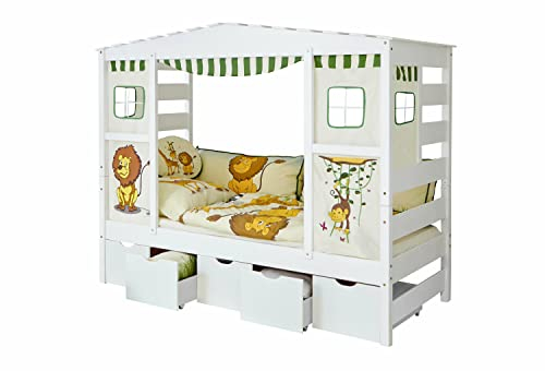 Ticaa Hausbett mit Bettkasten Safari Kiefer Weiß
