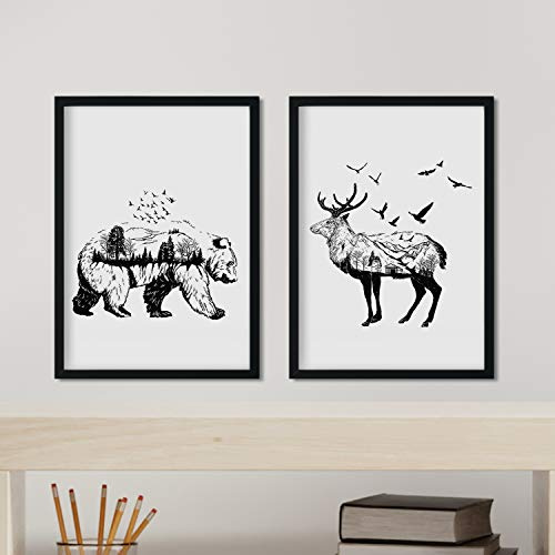 Nacnic Set Two Nordic style sheets for framing. Bear sheet and composed of sheet Deer. White and Black. A4 size. 250 gr paper and inks