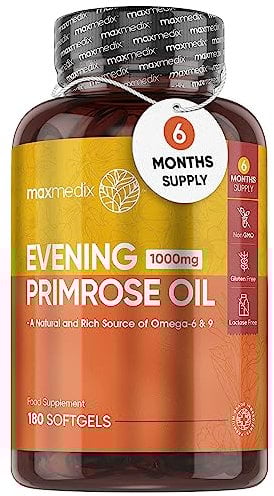 Huile d'Onagre Pressée À Froid 1000mg - 180 Gélules Vegan À Multi Usages Pour 6 Mois - Riche En Oméga 6 & 9 Pour Femme & Homme Avec Acide Linoléique, Oléique & Gamma-linolénique, Testé par Eurofins
