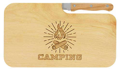 LASERHELD | Brotzeitbrett Holz mit Gravur “Camping” & Messer | 26 x 15 cm | Frühstücksbrettchen Holz Schneidebrett Jausenbrett | Geschenk für Camper und Camping