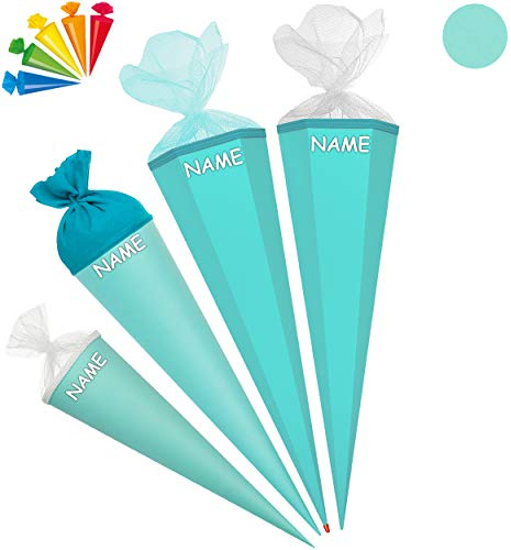 alles-meine.de GmbH Set_ Schultüte - Rohling - TÜRKIS blau + 5 kleine Zuckertüten - 70 cm - rund - incl. Name - Tüllabschluß - mit/ohne Kunststoff Spitze - Zuckertüte - Markneu..